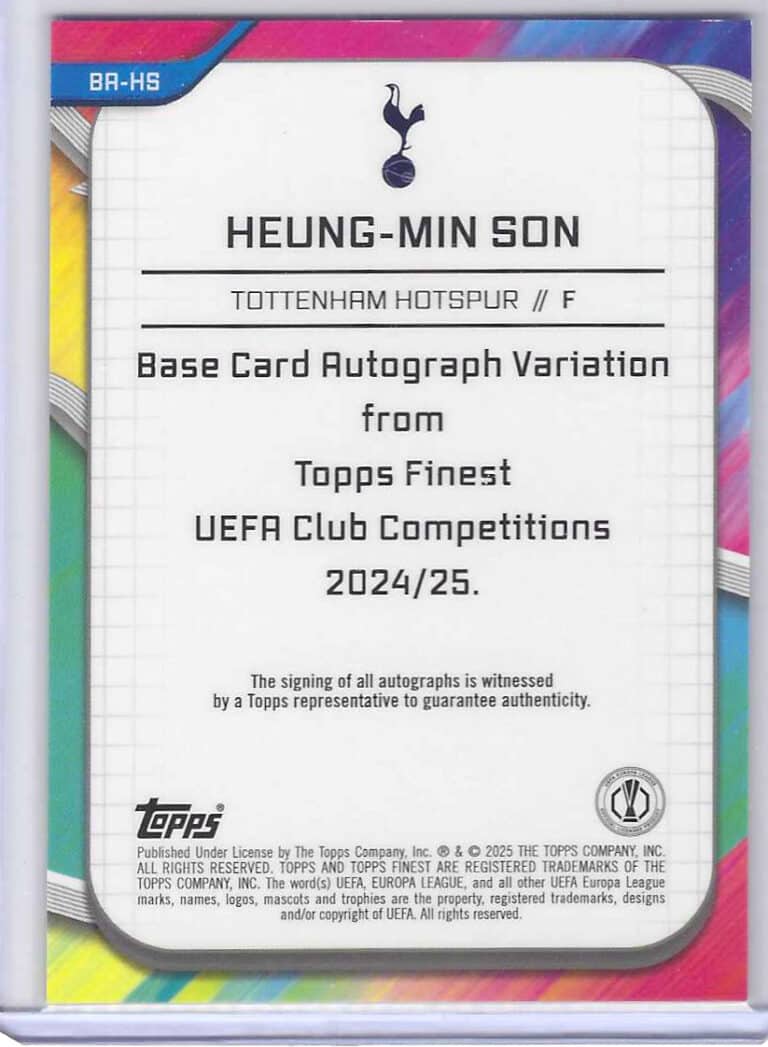 Heung min son topps finest auto bak