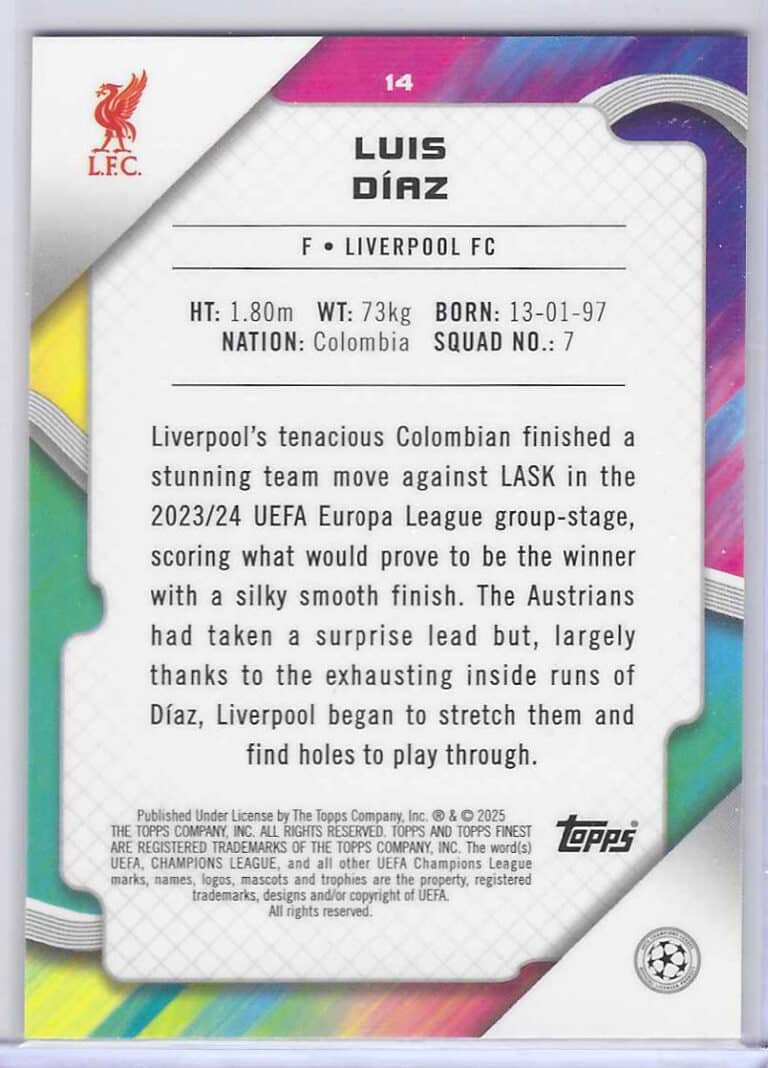 Luis Diaz topps finest purple bak