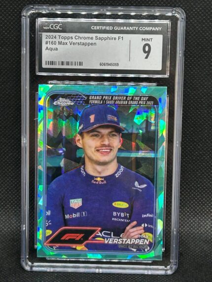 Max Verstappen 2024 Chrom Sapphire Formula 1 Driver of the day Saudi Arabian Grand Prix 2023 Aqua Number 18/99 Gradert CGC 9 Mint #160