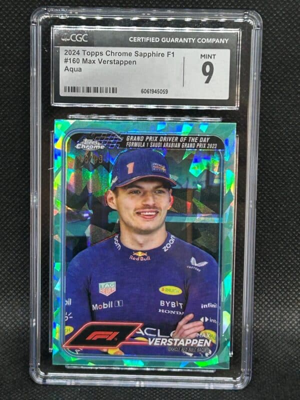 Max Verstappen 2024 Chrom Sapphire Formula 1 Driver of the day Saudi Arabian Grand Prix 2023 Aqua Number 18/99 Gradert CGC 9 Mint #160